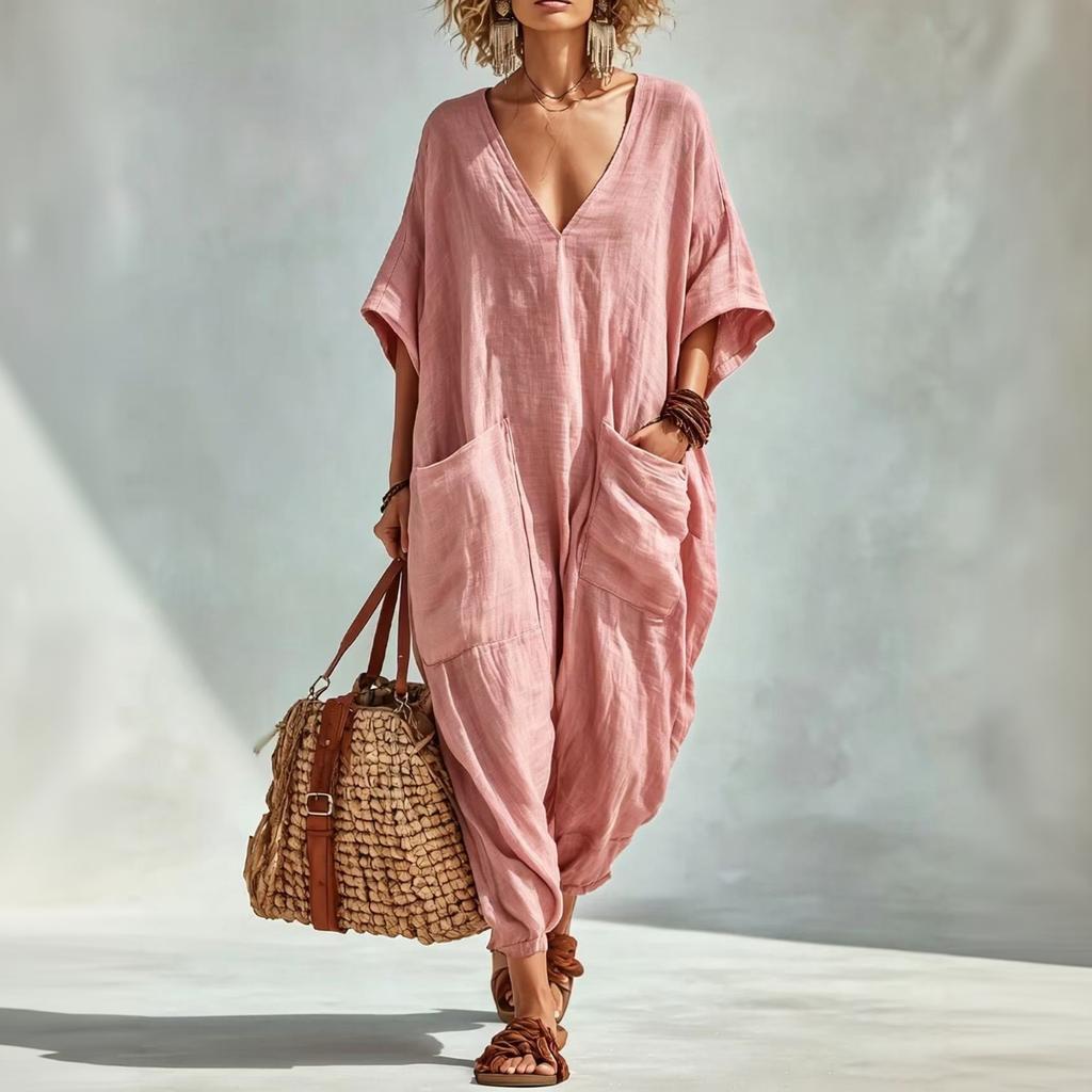Women Linen Cotton V Neck Loose Fit Large Pocket Lantern Pants Jumpsuit Casual Lightweight One Piece Outfit