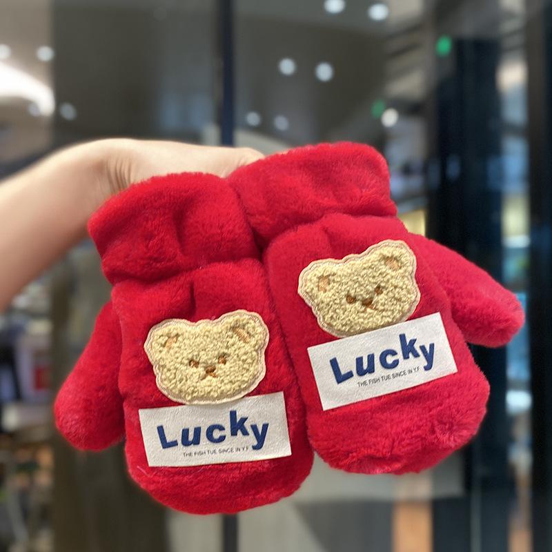

Children s Gloves Winter Plus Velvet Thickening Warm Boys and Girls Plush Cute Baby Winter Antifreeze Halter Neck Mittens one size