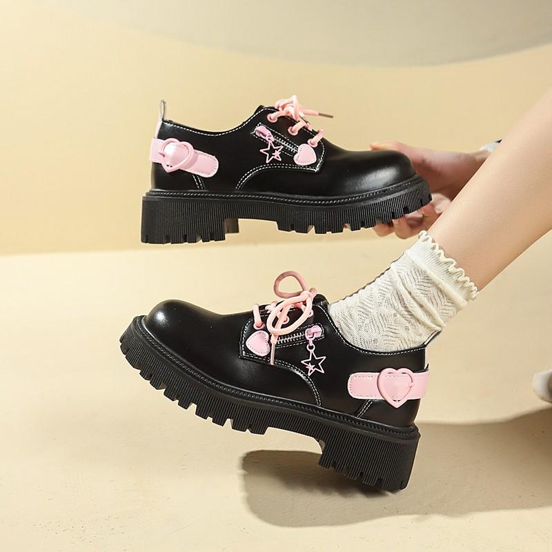 Fashion New Fashion Autumn Women's Shoes 2025 Pink Youth Bow Heart Sweet and Cool Thick-soled Loafers for Girls, Versatile Women's Shoes