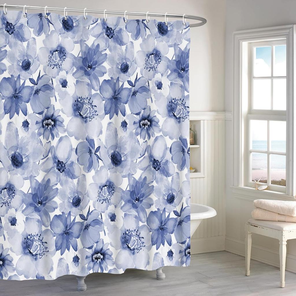 Blue Watercolor Floral Shower Curtain, Botanical Wildflower Design, Waterproof Polyester With Hooks