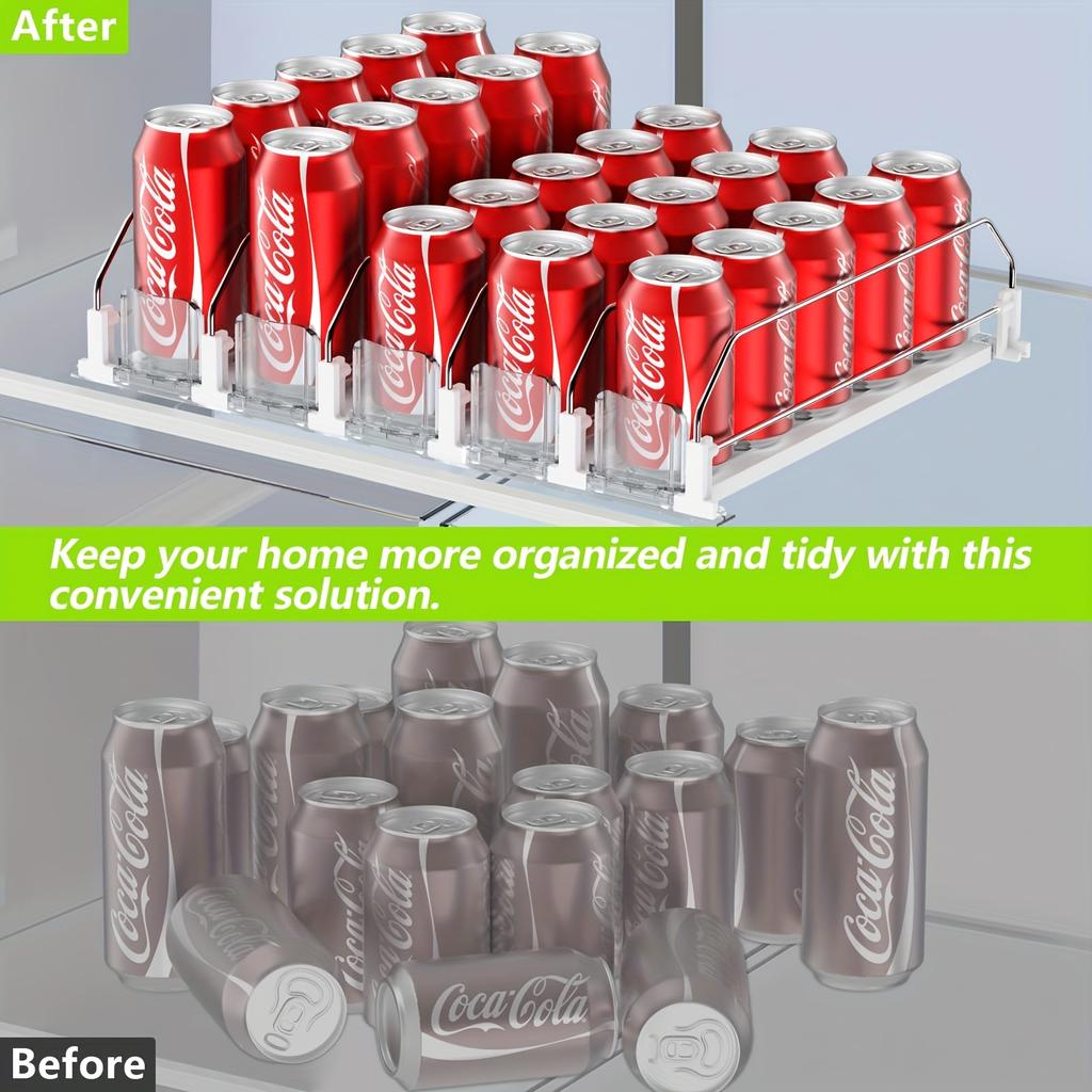 Heavy Duty Refrigerator Beverage Organizer- Automatic Push Slide Rail Can Dispenser, Adjustable Width Partition, Holds 15 Soda Cans