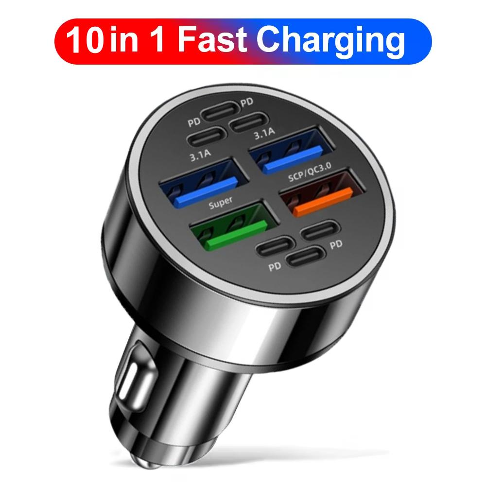 

100W 10 Ports Car Charger Fast Charging PD QC3.0 USB C Car Phone Charger Type C Adapter in Car For iPhone Samsung Huawei Xiaomi Black