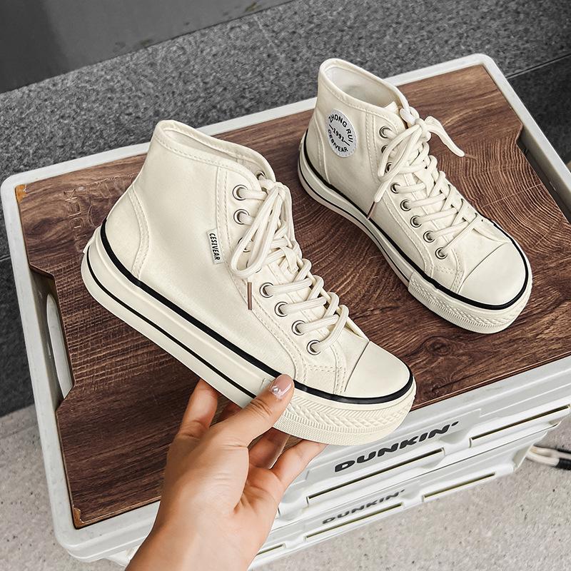 Damskie płócienne sneakersy Mango z wysoką cholewką 2025: Nowe Letnie Szerokie Buty Płócienne, Uniwersalne Kwadratowe Palce, Gruba Podeszwa