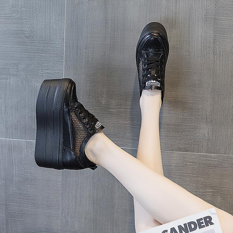 Mesh Muffin Shoes Women's Summer Versatile 2025 New Solid Color Casual Shoes Round Head Lace-up Thick Sole 12 Cm Trend