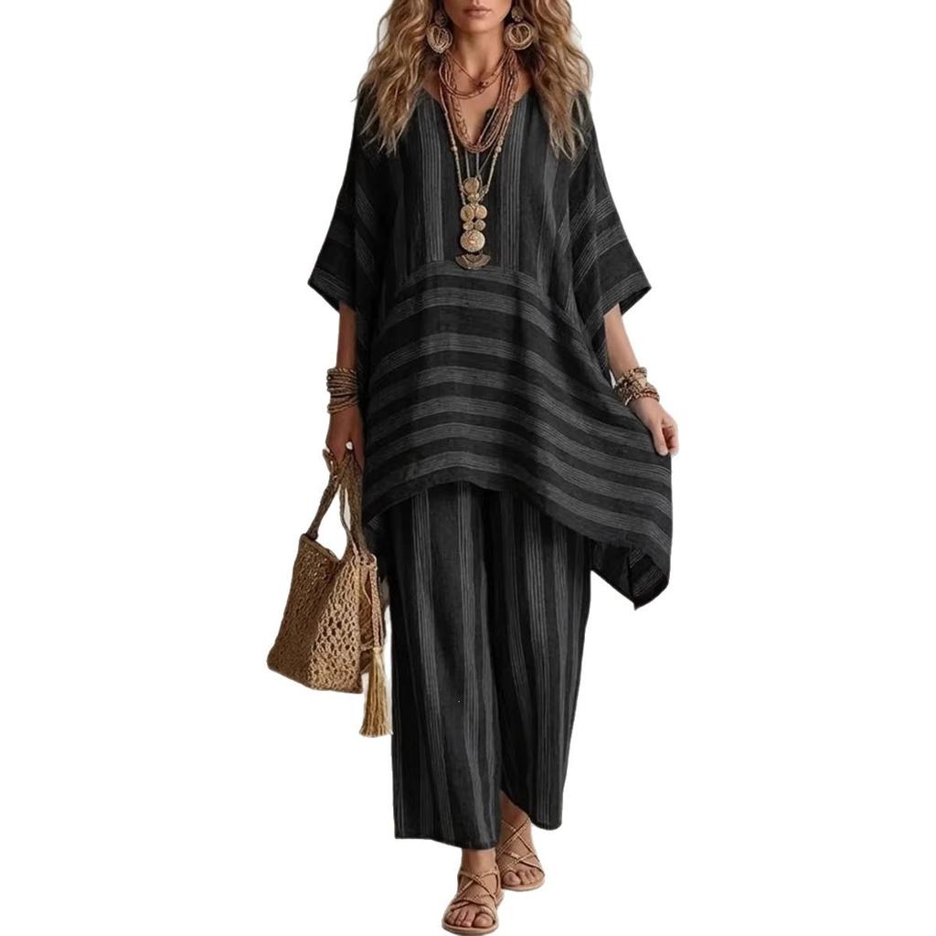 Dames gestreept print V-hals top met halve mouwen en wijde broek tweedelig set casual losse pasvorm zomeroutfit