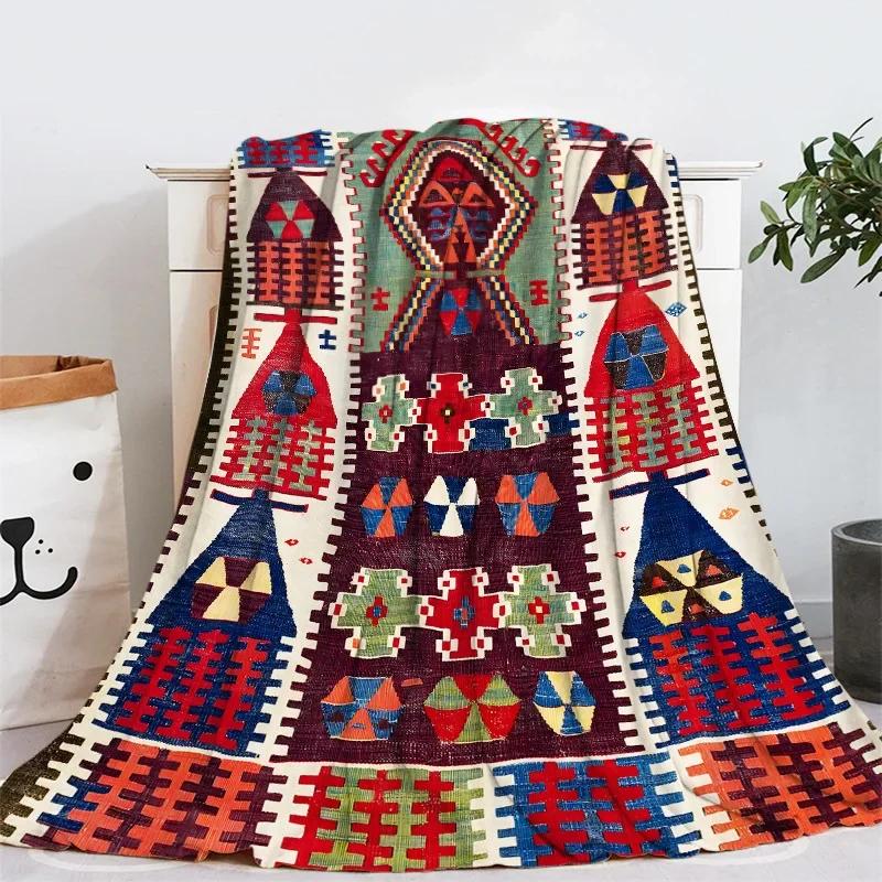 Geometrický Etnický Boho Vzor Flanelová Přehozová Deka Měkká Teplá pro Domácí Dekoraci Pohovky Děti Dospělí Kempingová Deka Velikost King Queen