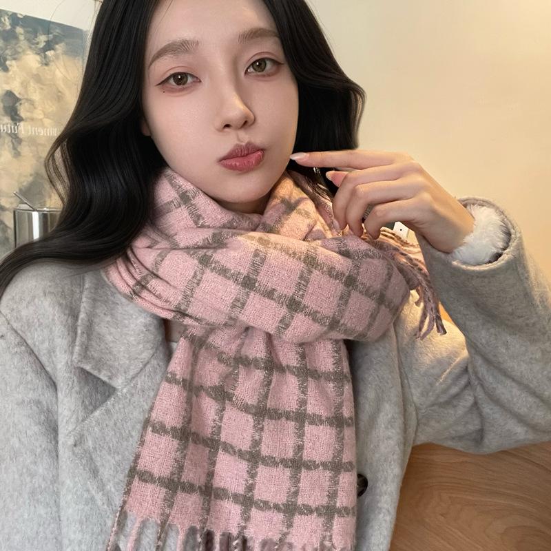 Women's Faux Cashmere Plaid Scarf - Korean Style, Thick & Warm Autumn/Winter Shawl