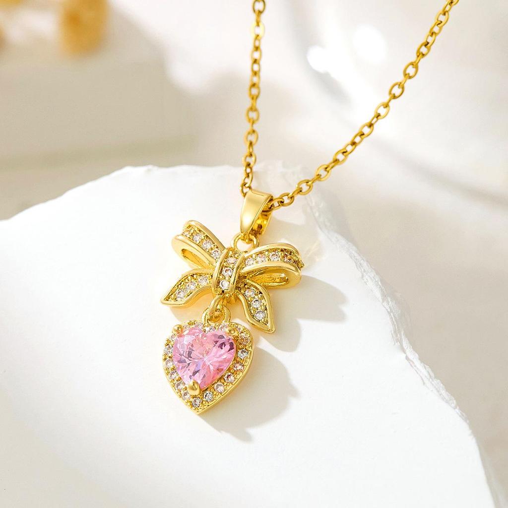 Sweet Zircon Bow Necklace - Women’s Titanium Steel Design