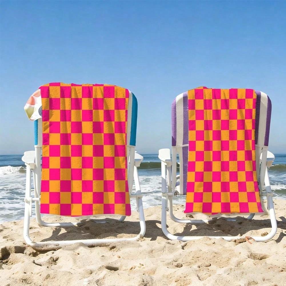 Bright Pink And Orange Checkerboard Print Quick Dry Lightweight Breathable Comfortable Beach Towel For Summer Outdoor Use