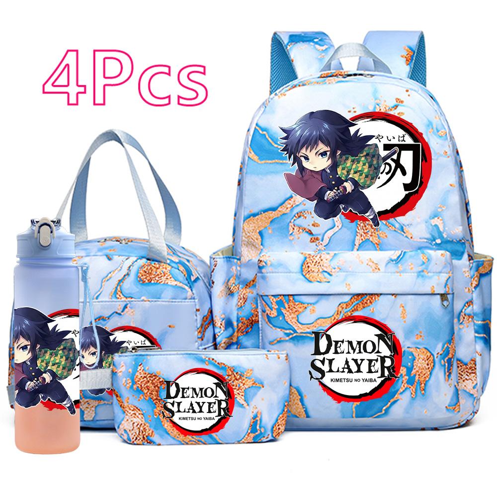 4 Pièces/ensemble Anime Demon Slayer Sac à Dos Imprimé Sac à Main Trousse à Crayons avec Bouteille d'Eau 750ml pour Adolescent Garçon Fille Grande Capacité Sac d'École Imperméable