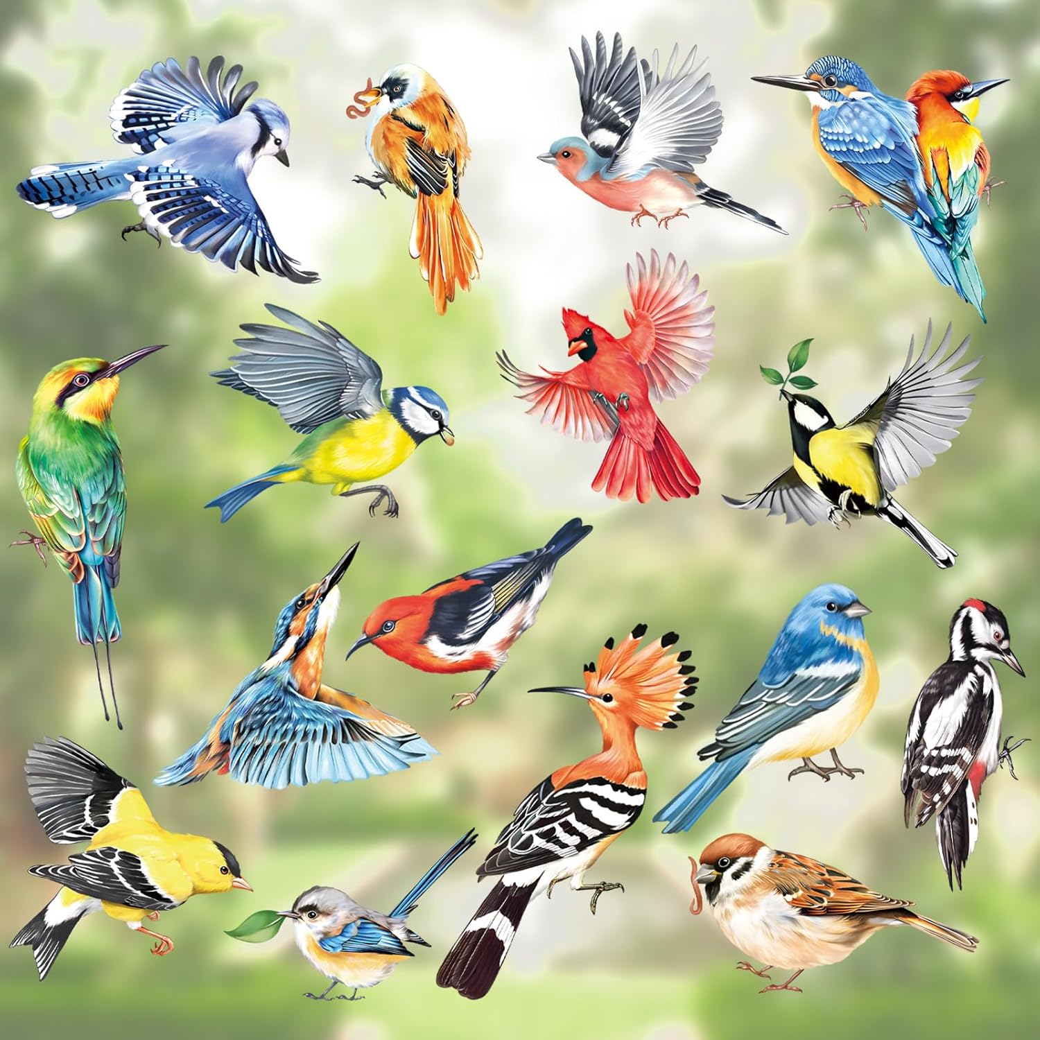 decalmile Spring Summer Birds Double Sided Window Clings - Set of 17 Hummingbird Parrot Anti-Collision Glass Window Doors Stickers Birds