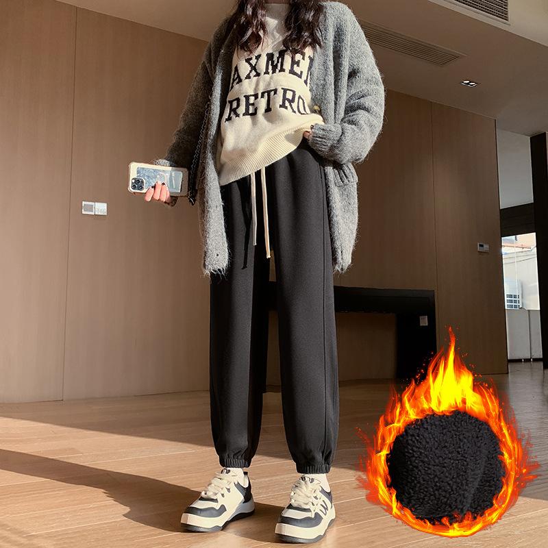 Plus Velvet Sweatpants, Women's Feet Autumn and Winter Outer Wear Cotton Pants Casual Windproof Pants Polar Fleece Sweatpants