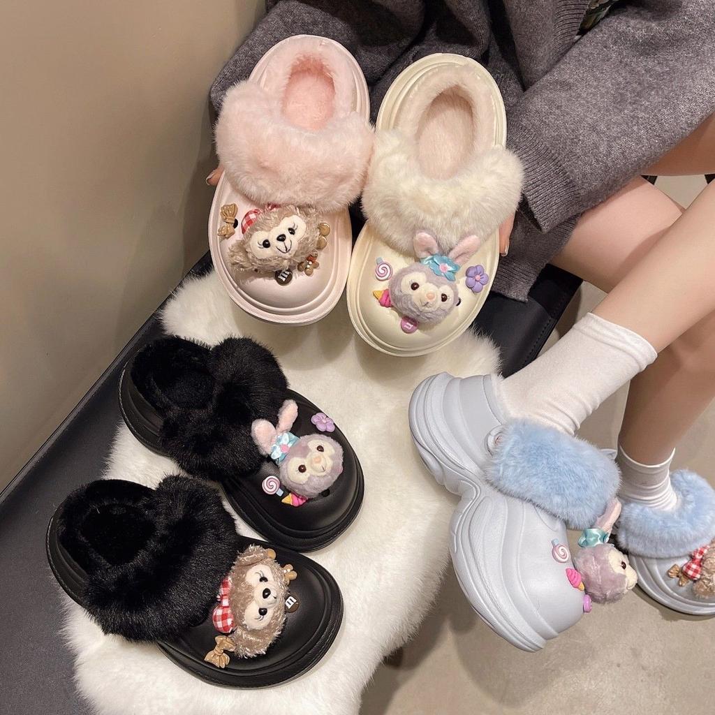 Thick-bottomed velvet comfortable warm slippers women's 2025 autumn and winter new cute cartoon bag head cotton slippers women's outer wear