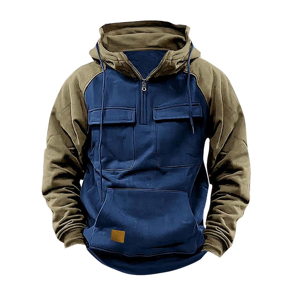 European-American Raglan Sleeve Half-Zip Men's Multi-Pocket Workwear Hoodie