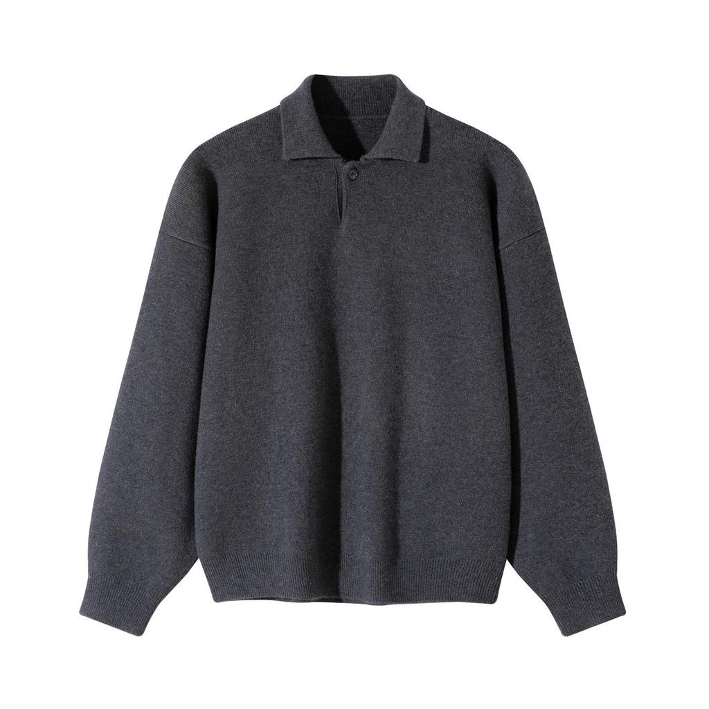 Men’s 2024 Winter Grey Sweater: Old Money Style, Thick Knit, Small Turn-Down Collar.