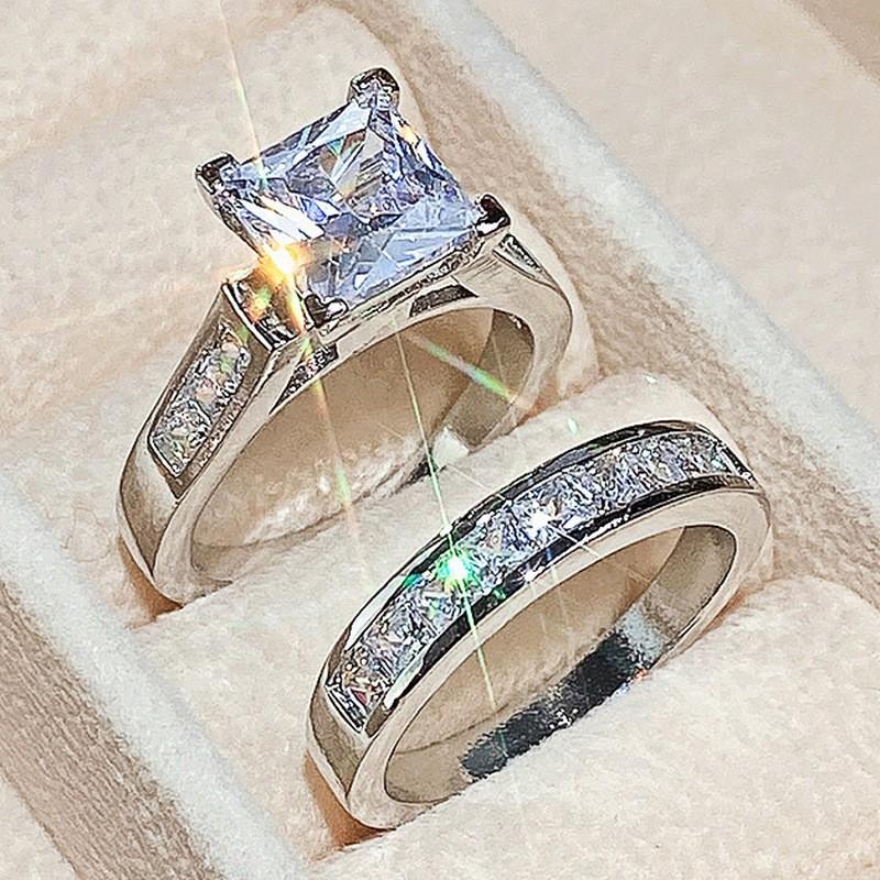 Luxury Ladies Square Diamond Zircon Ring Set Ring