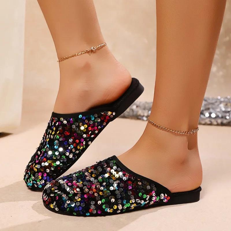 Women's Sandals Summer New 2025 Trend Hot Sale Mule Slippers Casual Flat Shoes Comfortable Non-slip Sequined Beach Flip Flops