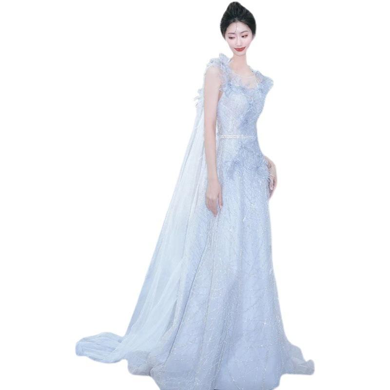 Evening Dress Fairy Suspender Host Birthday Banquet Bar Mitzvah Blue Fluffy Yarn Annual Meeting Dress High Sense