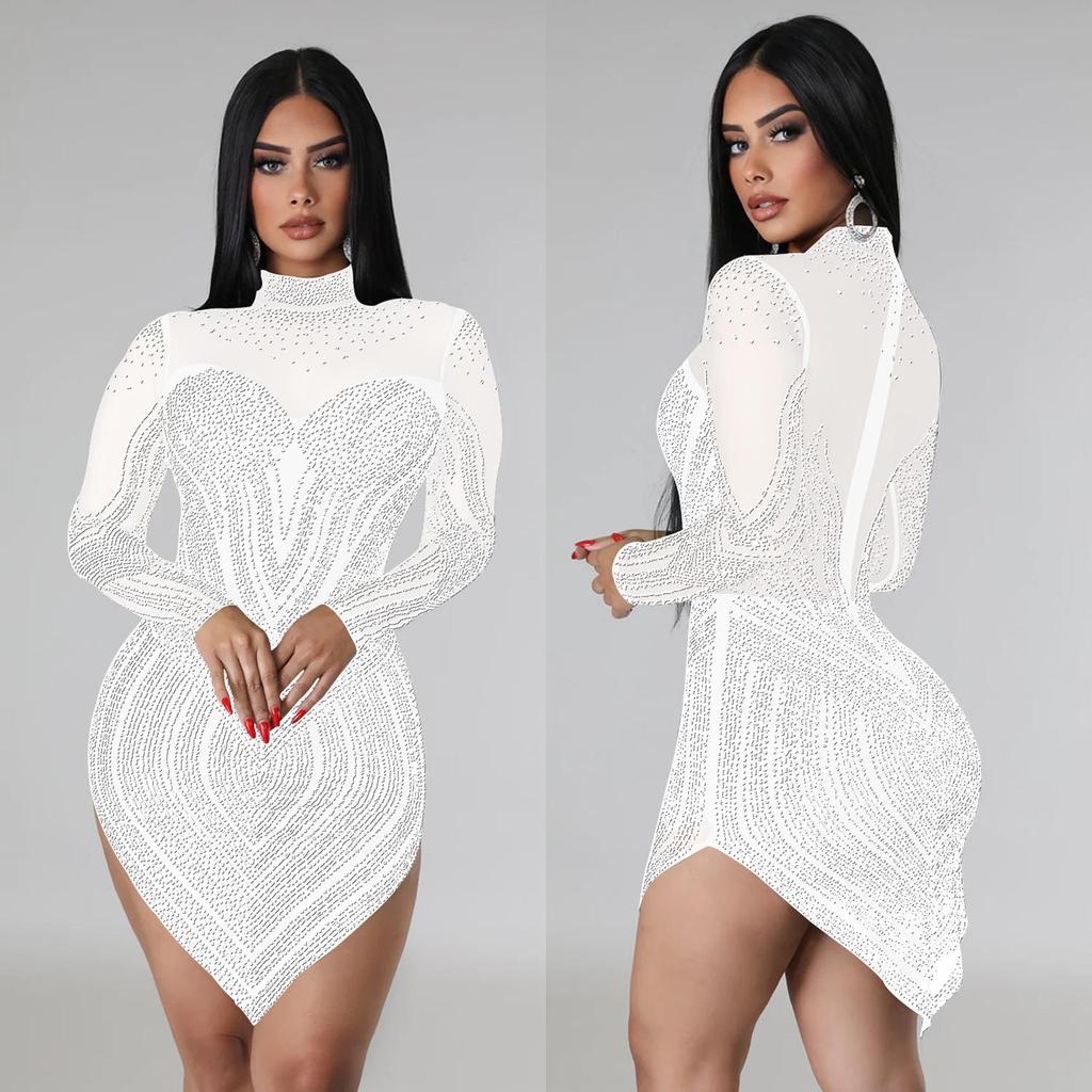 European & American Fashion Women's Solid Color Mesh Rhinestone Long Sleeve Mini Dress