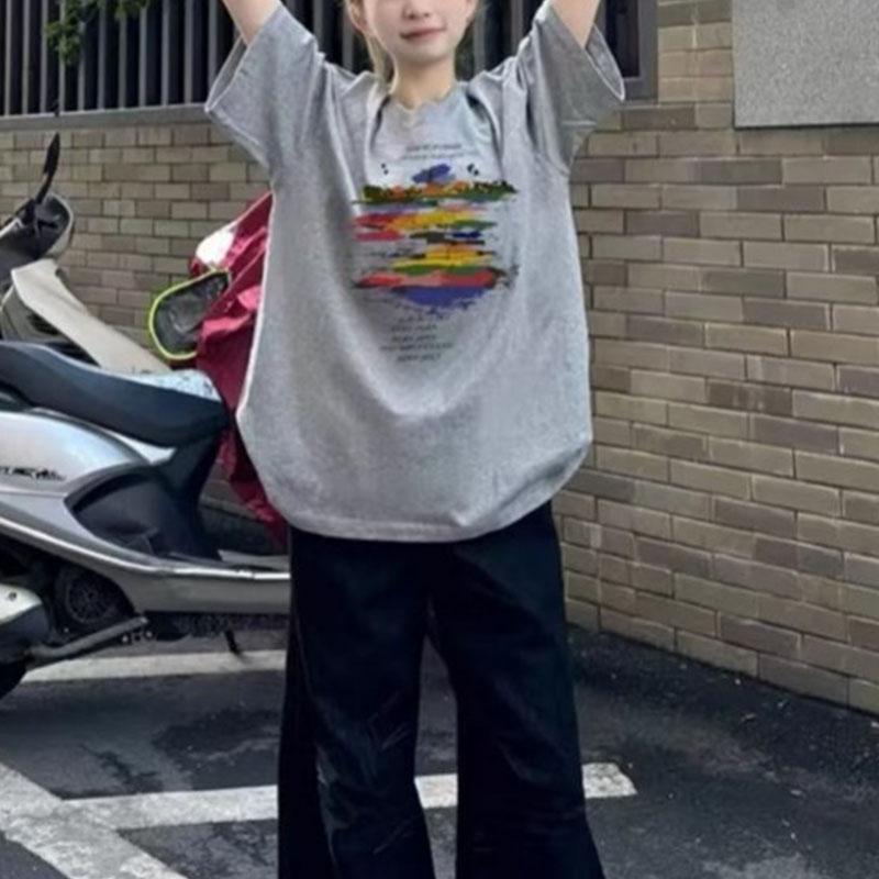 

Unisex Gray Oversized Graphic Print Round Neck Elegant Short Sleeve T-shirt L сірий