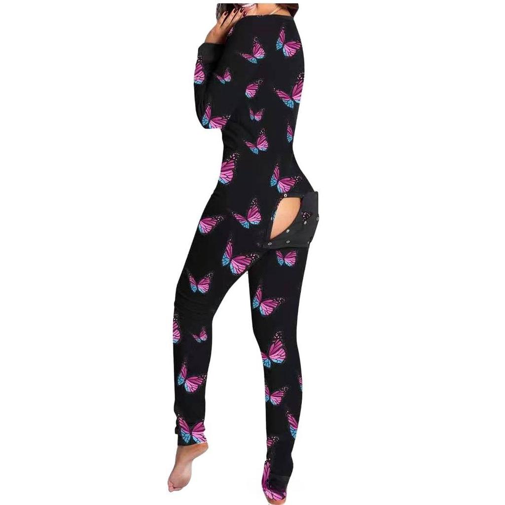 2022 Women's Printed Long Sleeve Jumpsuit Pajamas with Functional Button Flap
