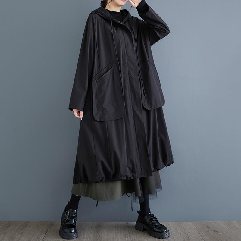 Long Sleeve Oversized Vintage Black Hooded Casual Loose Autumn Spring Trench Coat for Women Outerwear
