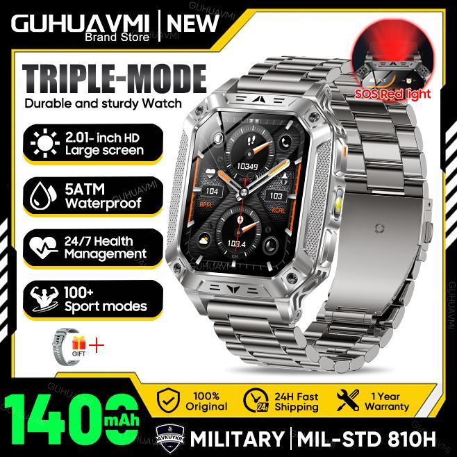 New Outdoors Durable Military Men Smart Watch 1400mAh battery 5ATM Swim LED flashlight+SOS Red Light Sports Call Smartwatch