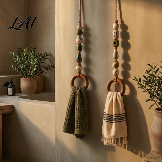 Versatile Towel Rack for Entryway Beaded Hanger with Wooden Ring Farmhouse Rustic Hand Holder Vintage Wall Mounted Storage Decorative Loop Bathroom