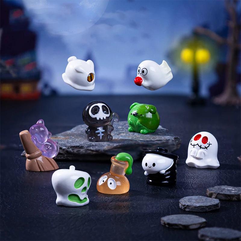 10-12pcs Halloween Resin Ghost Figures Luminous Pumpkin Ghost Ornaments Micro Landscape Desktop Decorations Party Gifts