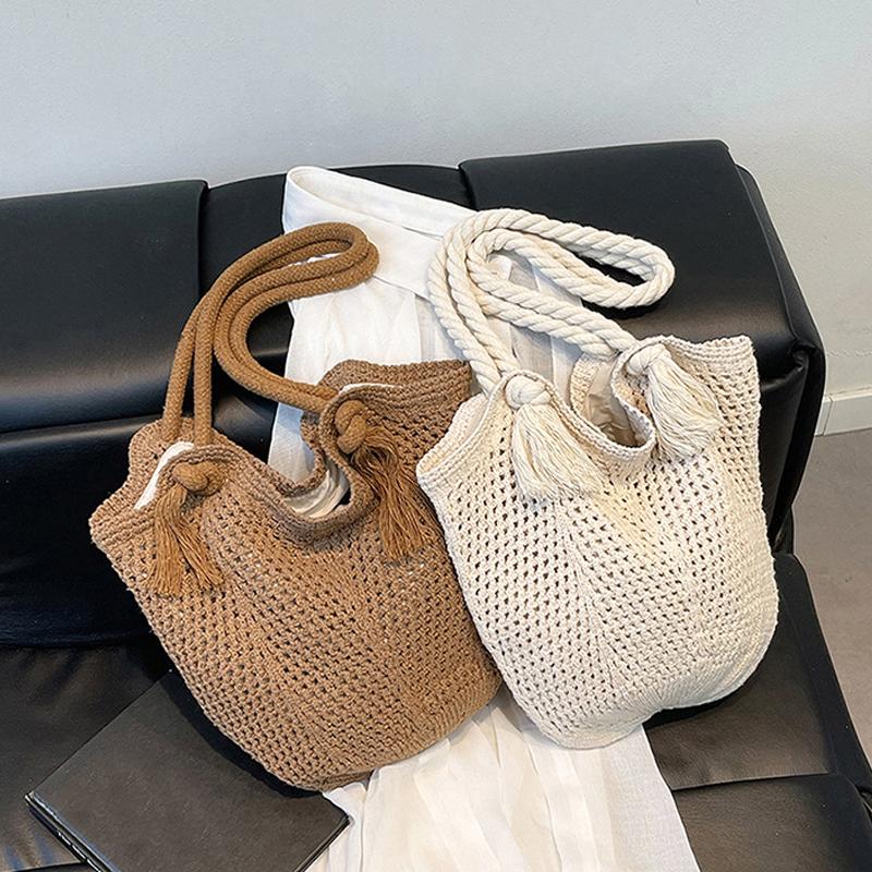 Portable Bohemian Knitted Shoulder Bag Hollowed Out Solid Color Casual Woven Handbag Sweet Soft Crochet Tote Bag CLE