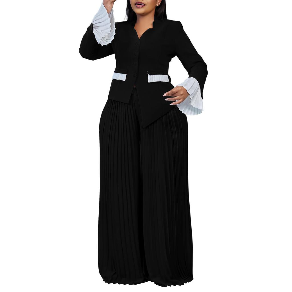Plus Size Color Block Bell Sleeve Top & Ruffled Wide Leg Pants Two-Piece Set for Women
