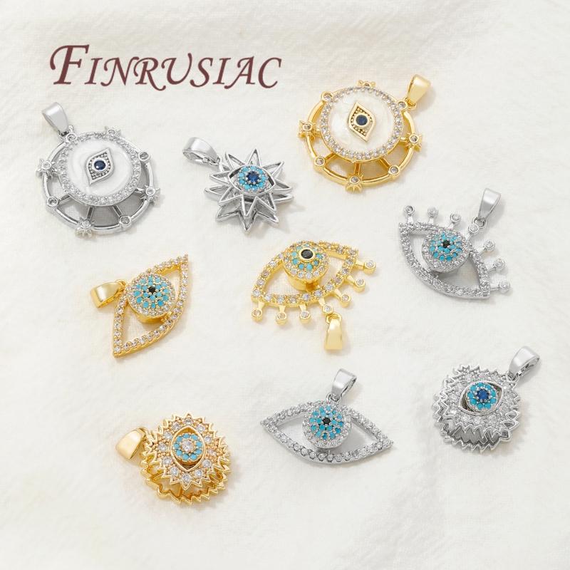 Accessoires de Collier DIY Plaqué Or Véritable 18K Pendentifs Œil Maléfique en Zircon Bleu Breloques Pour Fournitures de Fabrication de Bijoux Pendentif Fleurs
