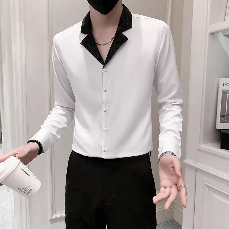 

Повседневные приталенные рубашки контрастных цветов, мужская одежда, шикарные рубашки с лацканами и вставками, весенне-осенние, с длинным рукавом, базовые, однобортные L