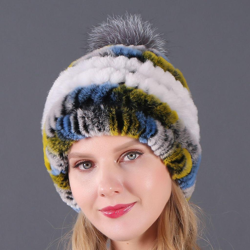 Women's Fur Hat with Rex Rabbit and Fox Fur Pompon for Autumn and Winter