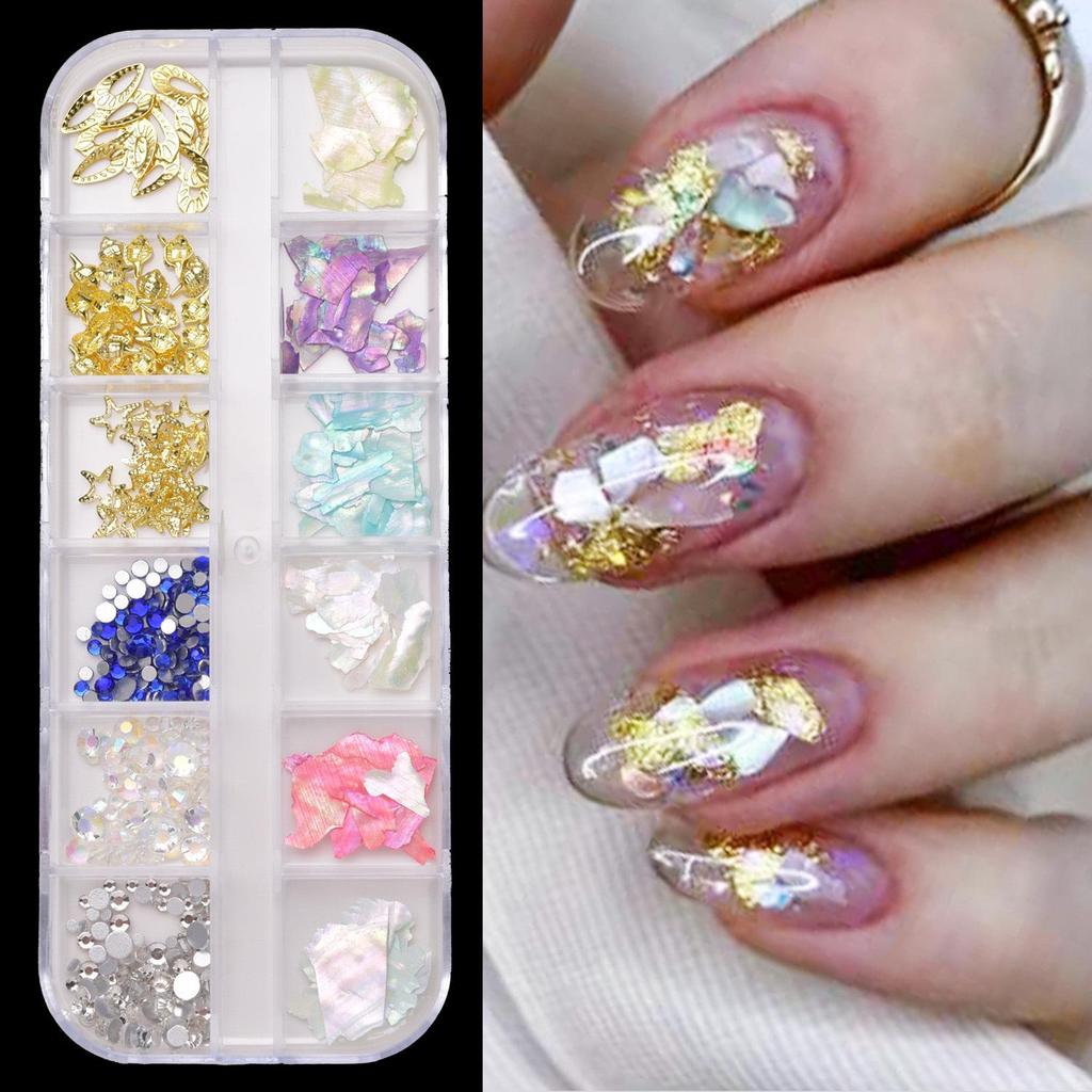 Ultra-Thin Abalone Nail Art Kit: 12-Grid Mixed Ornaments with Shells, Rivets, Pearls, and Rhinestones.
