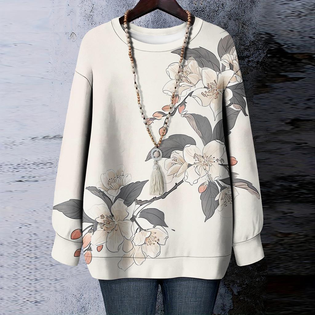 Women's Floral Print Round Neck Long Sleeved T-shirt Sweatshirt Top