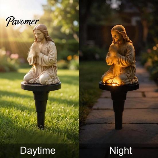 Outdoor Solar Powered Decor Prayer Statue Garden Stake Light, Waterproof Resin Human Figure Sculpture for Patio Decorative Lawn Ornaments Pathway