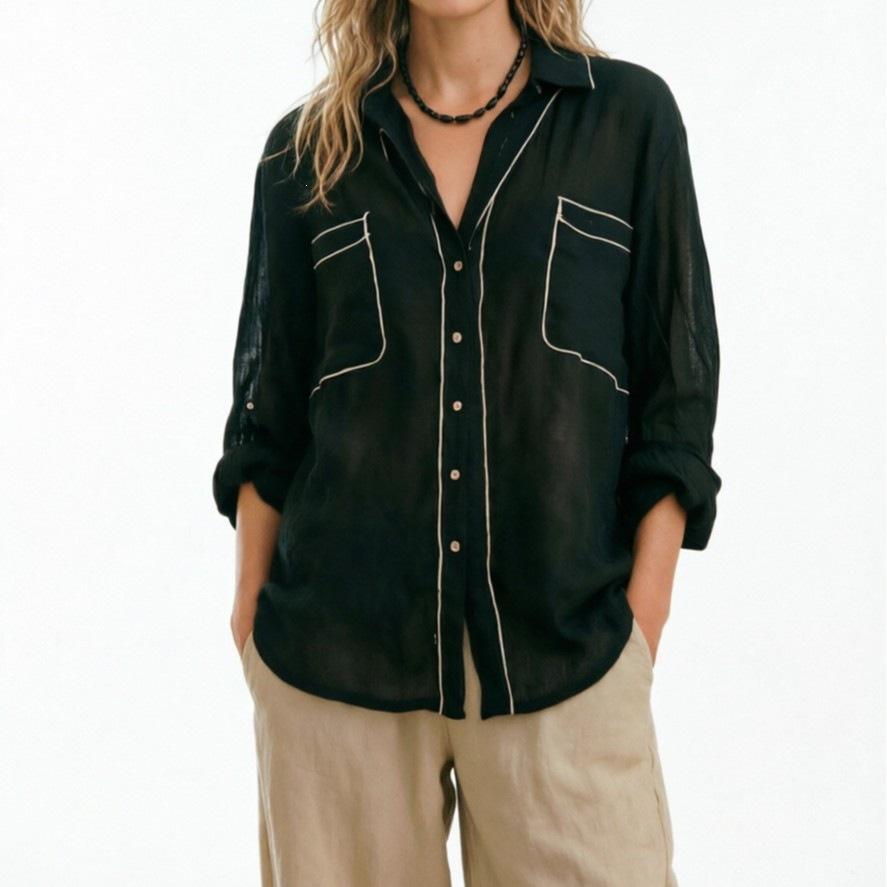 Herren Oversize Gestreiftes Hemd Locker Langarm Button-Down-Kragen Lässig Urlaubs-Strand-Top
