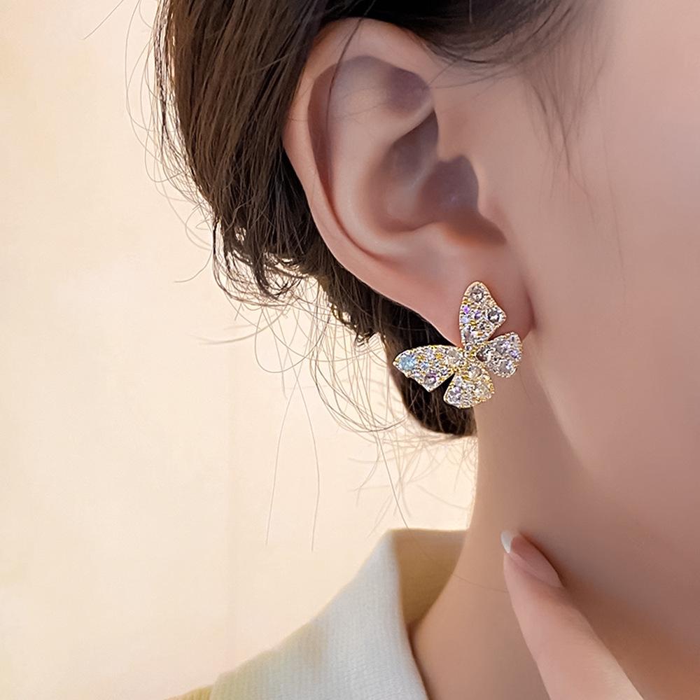 Elegant French Zirconia Butterfly Stud Earrings: Lightweight, Versatile, Luxury Accessory for Women
