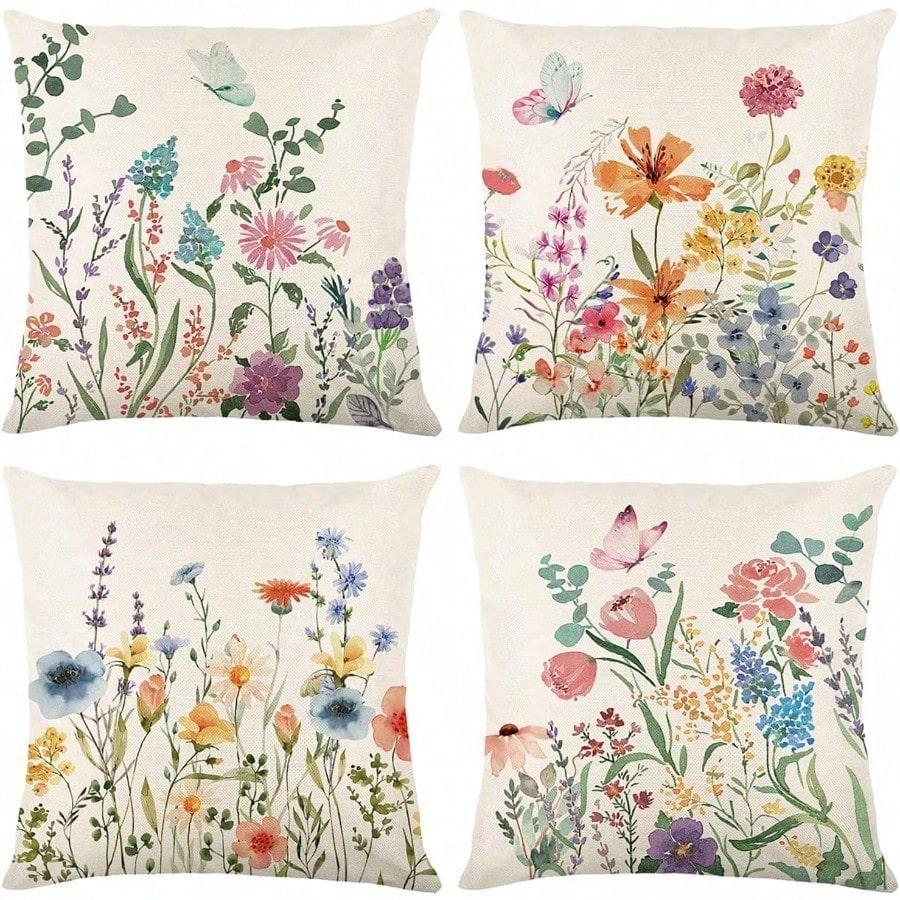 4Pcs, Watercolor Wildflower Butterfly Pattern Pillow Covers, Single-Sided, Zipper Closure, Washable Polyester - Perfect for Sofa, Living Room 4PCS