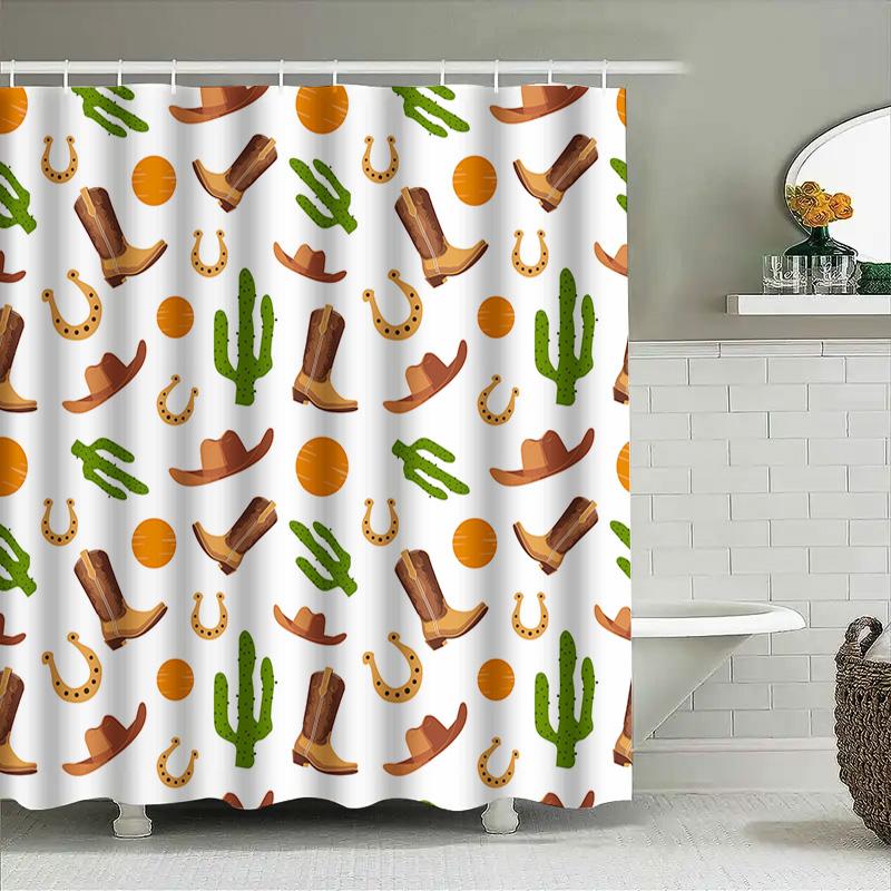 Western Style Cowboy Boots Cactus Shower Curtain Waterproof Bathroom Decor Home Textile Washable Fabric Print Pattern Wall Paper