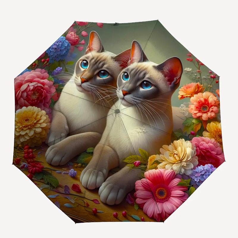 1pc Cat Floral Decor Automatic Folding Umbrella - 8-Rib Durable Iron Frame, Compact Portable for Daily Travel yy251205001