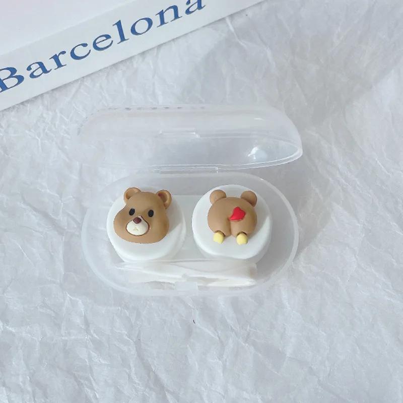 Kawai Pink Rabbit Cow Fox Bear Pattern Contact Lens with Tweezer Suction Stick Girls Portable Contact Lenses Box Container