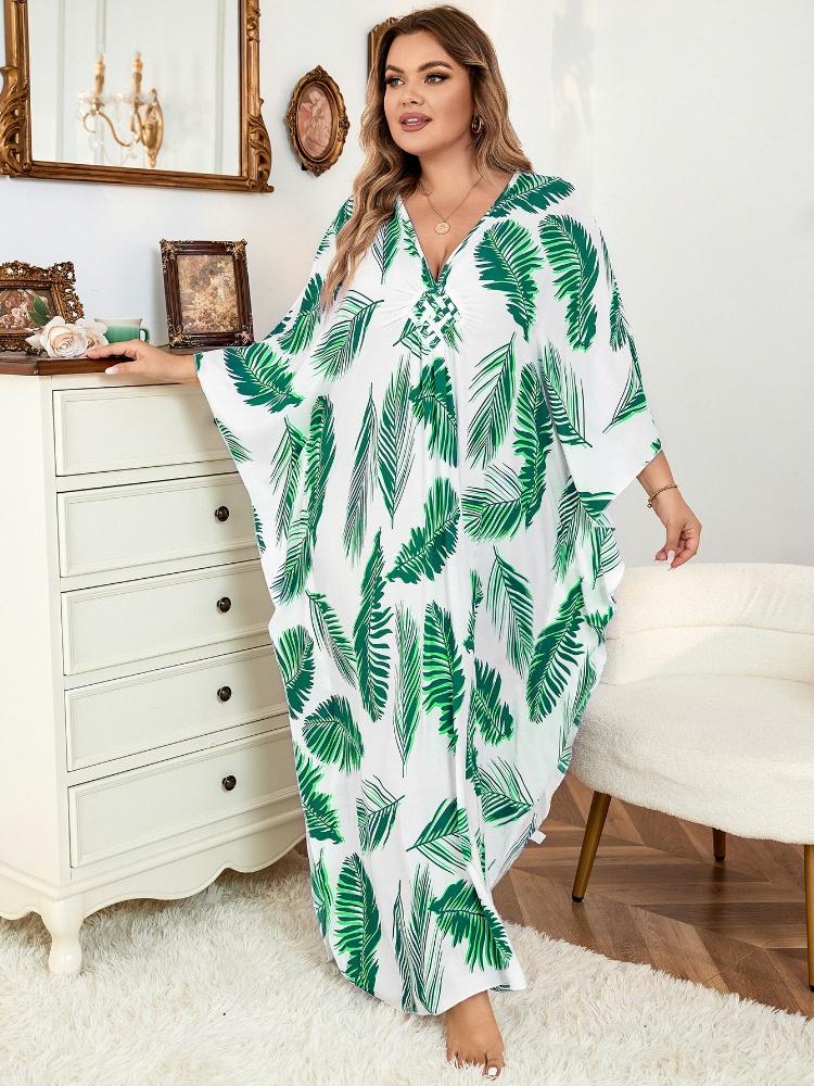 EDOLYNSA Женское длинное платье-кафтан большого размера с зеленым принтом — фото 6