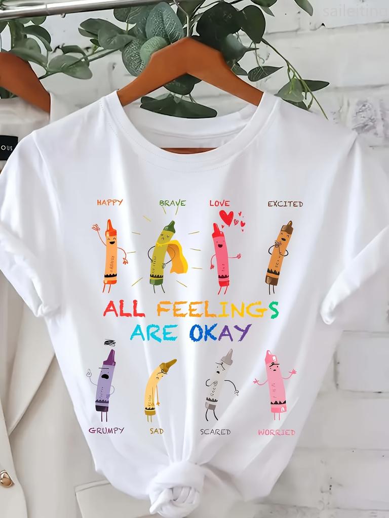 Unisexs Black Short Sleeve Crew Neck Tshirt Colorful 8 Pencil Emotion Graphics All Feelings Are Okay Aesthetic Clothes