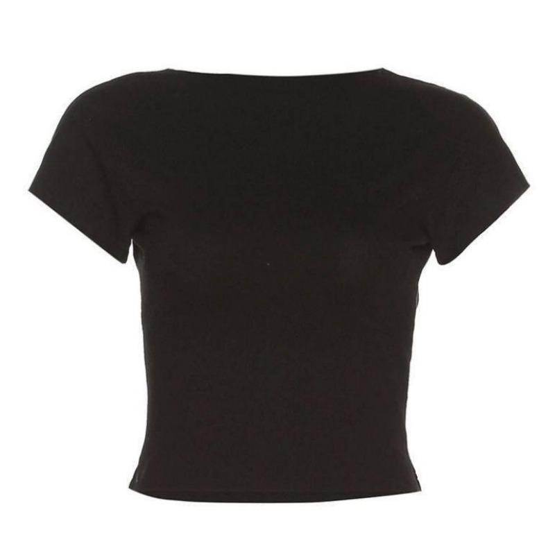 

2KWEIRD Women s O-neck Backless T-shirt Short Sleeve Solid Color Crop Top Summer Cute Baby Tee Y2K Clothes Bodycon Tunics Fashion Tank S чорний