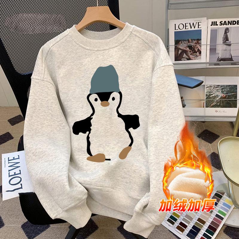 Autumn and winter retro high street Hong Kong style printing women's 2025 new velvet thickened versatile crew neck loose sweater men