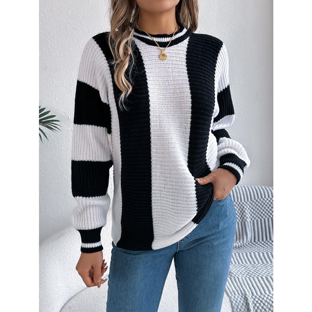 Fashionable Women's Hoodie: Casual Contrast-Striped Lantern-Sleeve Pullover Knitwear