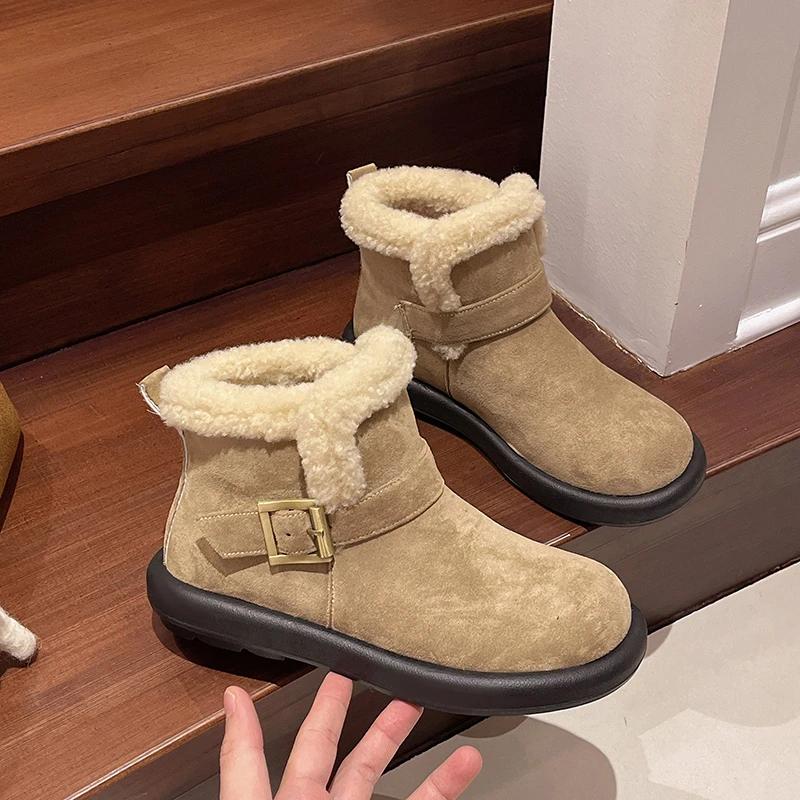 Fashion Flats Women Suede Ankle Boots Belt Buckle Plush Warm Shoes Woman Fashion Designer New 2025 Trend Winter Casual Cozy Botas Mujer