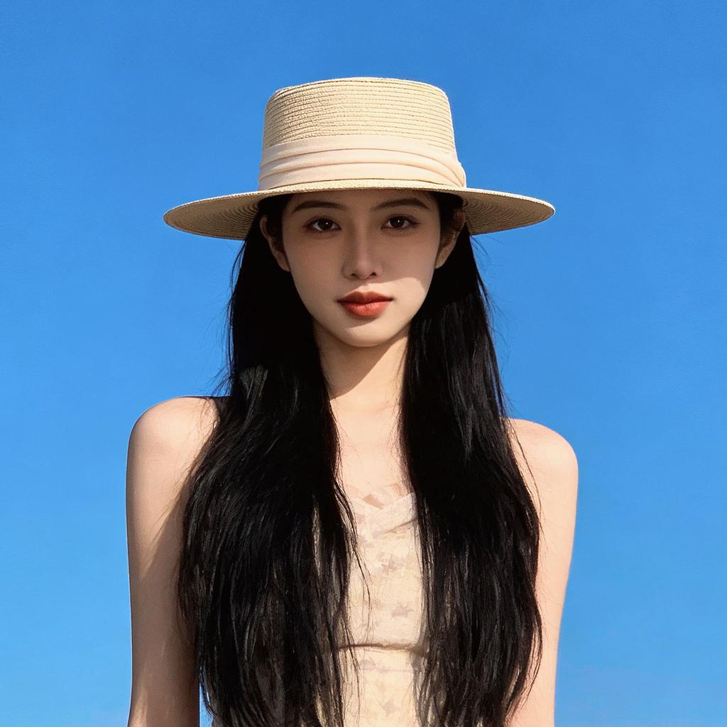 Lace straw hat women's summer bow large brim sunshade sun hat seaside vacation beach sun hat